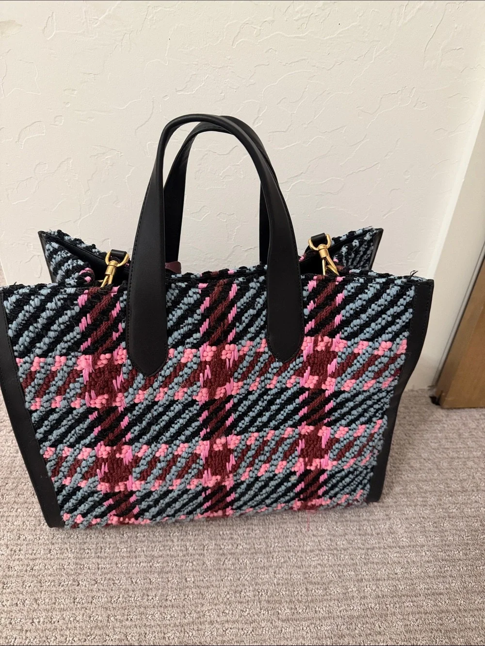 kate spade Multicolor Woven Plaid Tote - Pink, Blue & Burgundy